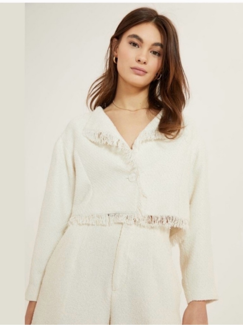 Something Navy Cropped Tweed Frayed Hem Blazer